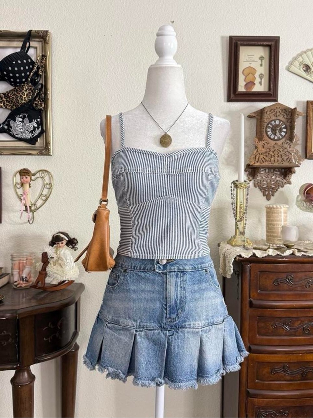 Girly grunge blue and white pinstriped cropped bustier top